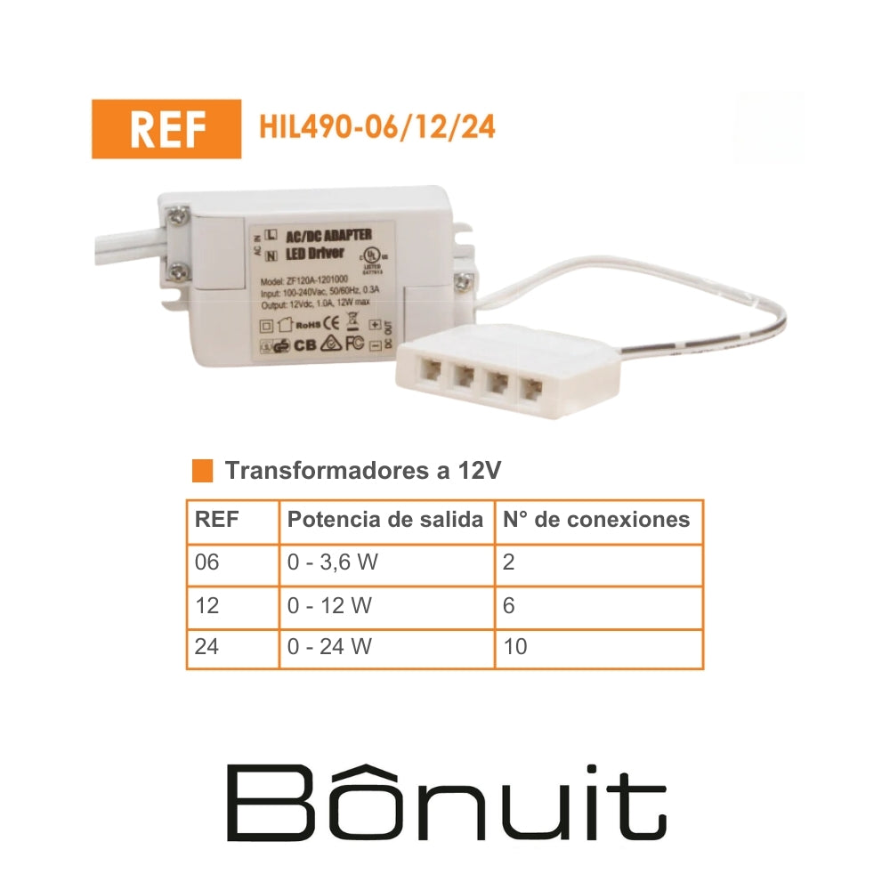 TRANSFORMADOR A 12V PROVEE 12W 6 CONEXIONES