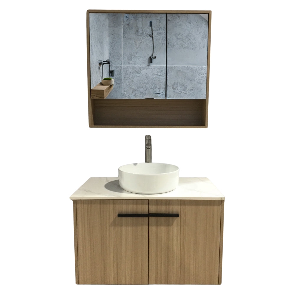 MUEBLE DE BAÑO DE PVC CON LAVAMANO Y GRIFERIA MIGNON 0.8X0.465X0.5 M INCLUYE BOTIQUIN CON ESPEJO 0.75X0.15X0.7 M PE12-80 BOA ROBLE BEIGE