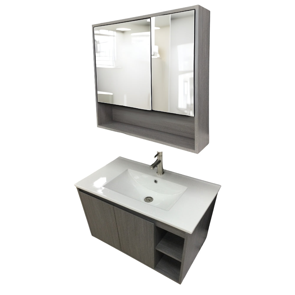 MUEBLE DE BAÑO DE PVC CON LAVAMANO Y GRIFERIA YATES 0.8X0.465X0.5 M INCLUYE BOTIQUIN CON ESPEJO 0.75X0.15X0.7 M PE10-80 GRIS MADERA