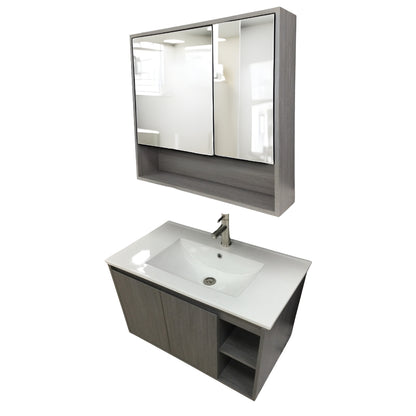 MUEBLE DE BAÑO DE PVC CON LAVAMANO Y GRIFERIA YATES 0.8X0.465X0.5 M INCLUYE BOTIQUIN CON ESPEJO 0.75X0.15X0.7 M PE10-80 GRIS MADERA
