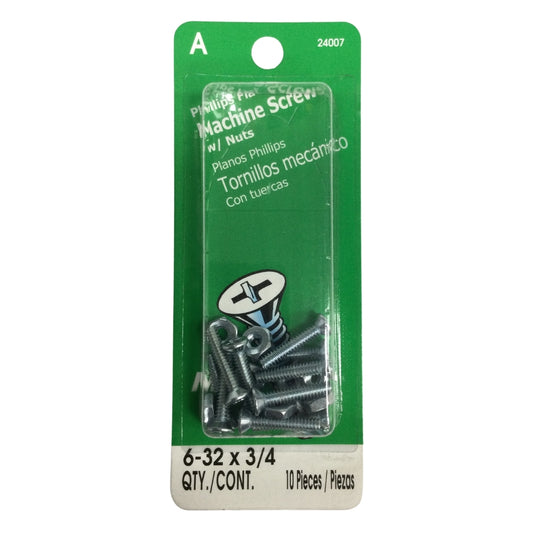 TORNILLO DE MAQUINA CON TUERCA CAB PLANA PHILLIPS N°6-32 x 3/4 PULGADAS ROSCA ESTANDAR