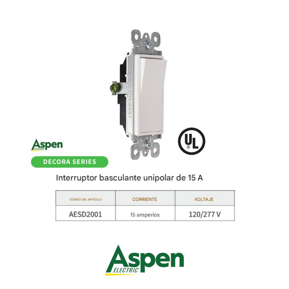 INTERRUPTOR SENCILLO BLANCO DECORA 15A 120/277V UL ASPEN