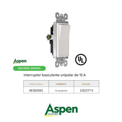 INTERRUPTOR SENCILLO BLANCO DECORA 15A 120/277V UL ASPEN