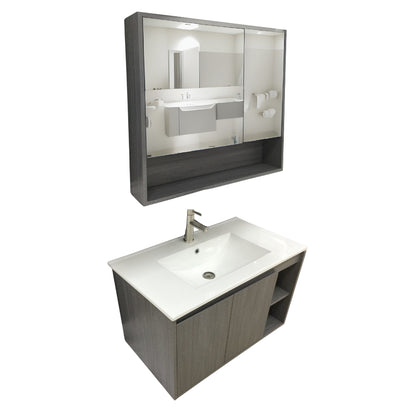 MUEBLE DE BAÑO DE PVC CON LAVAMANO Y GRIFERIA YATES 0.8X0.465X0.5 M INCLUYE BOTIQUIN CON ESPEJO 0.75X0.15X0.7 M PE10-80 GRIS MADERA