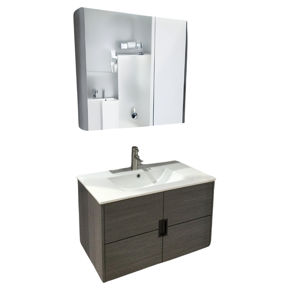 MUEBLE DE BAÑO DE PVC CON LAVAMANO Y GRIFERIA DIAMOND 0.8X0.465X0.5 M INCLUYE BOTIQUIN CON ESPEJO 0.75X0.15X0.7 M PE9-80 GRIS MADERA