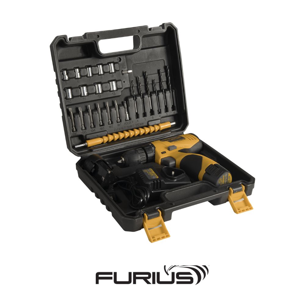 TALADRO ATORNILLADOR INALAMBRICO 12V ION DE LITHIO 1,5 AH MANDRIL 3/8 PULGADAS 0-1350 RPM SET DE ACCESORIOS FURIUS