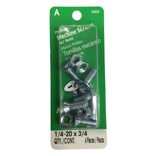 TORNILLO DE MAQUINA CON TUERCA CAB PLANA PHILLIPS 1/4 PULGADAS-20 x 3/4 PULGADAS ROSCA ESTANDAR