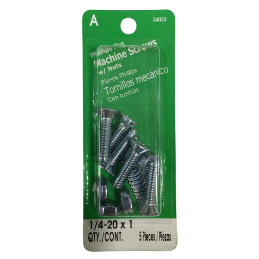 TORNILLO DE MAQUINA CON TUERCA CAB PLANA PHILLIPS 1/4 PULGADAS-20 x 1 PULGADAS ROSCA ESTANDAR