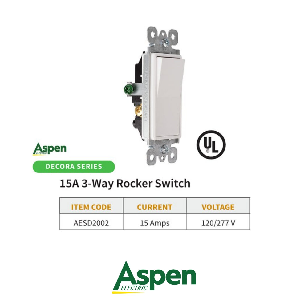 INTERRUPTOR 3-WAY BLANCO DECORA 15A 120/277V UL ASPEN AESD2002