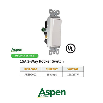INTERRUPTOR 3-WAY BLANCO DECORA 15A 120/277V UL ASPEN AESD2002