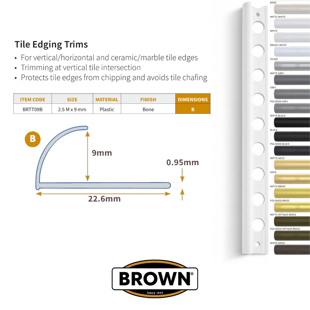 PERFIL REDONDEADO DE PVC BONE PARA PROTEGER ESQUINAS DE REVESTIMIENTOS TRIM 2.5M X 9MM BRTT09B