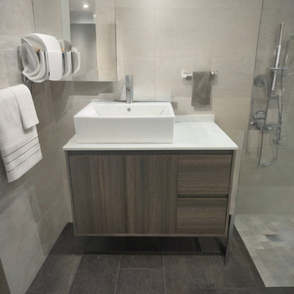 MUEBLE DE BAÑO EN PLYWOOD LAMINADO AEREO CON LAVAMANO Y GRIFERIA 2 PUERTAS + 2 GAVETAS 0.90X0.52X0.55 M COLOR MADERA YK201-C4 MOD. YKL-V005-PLY