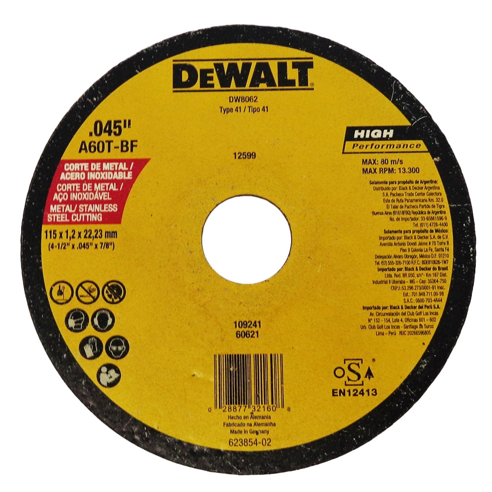 DISCO CORTE  FINO METAL 4 1/2 PULGADAS X 0.45 PULGADAS X 7/8 PULGADAS  DW8062 Z DEWALT
