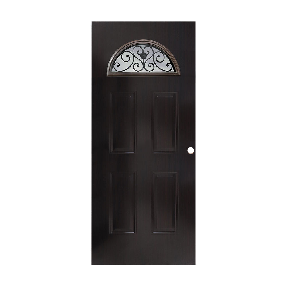 PUERTA DE METAL 3' X 7' DE 5 PANELES CON BASTIDOR DE MADERA MEDIA LUNA CON HIERRO ACABADO MADERA CAOBA METALPRO