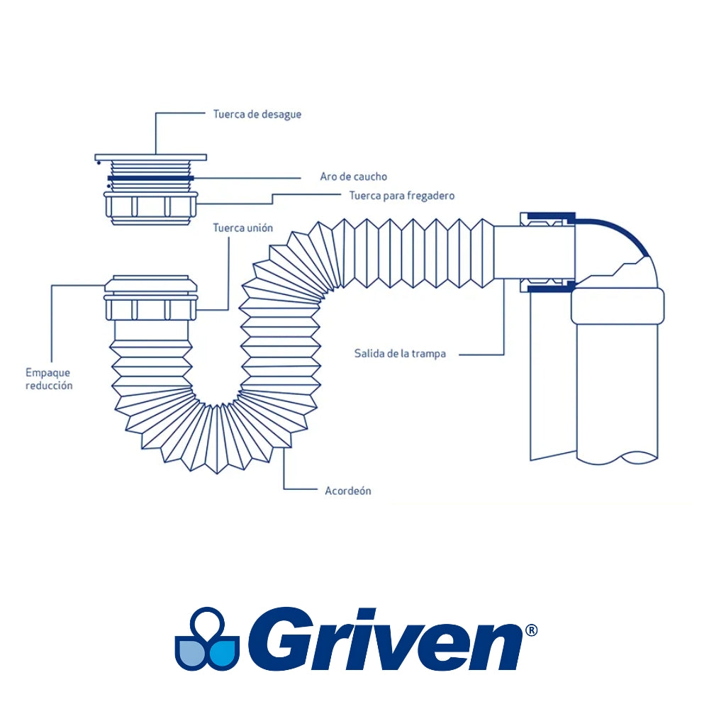 TRAMPA FLEXIBLE PARA FREGADERO 1-1/2 PULGADAS GRIVEN A367-FP002-1-2