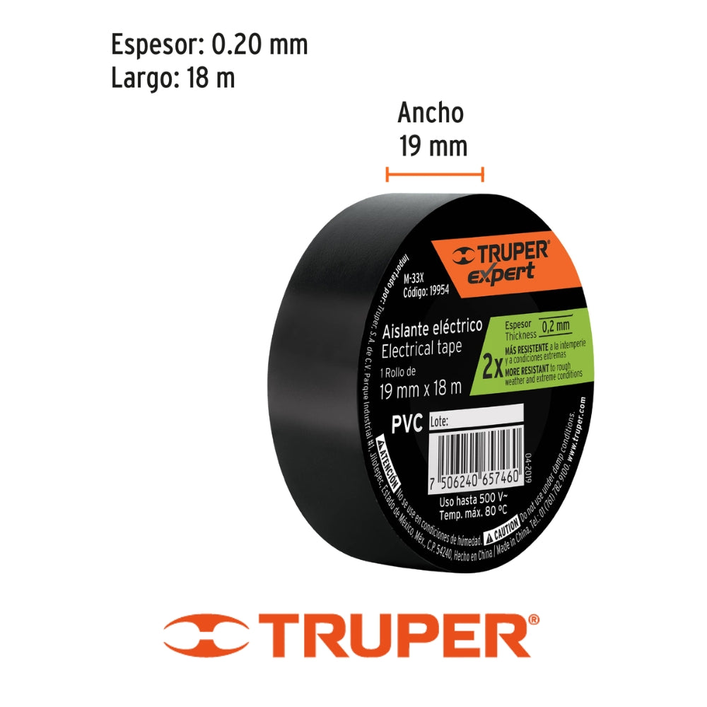 TAPE ELECTRICO 3/4 IN x 60 PIES  TRUPER EXPERT NEGRO