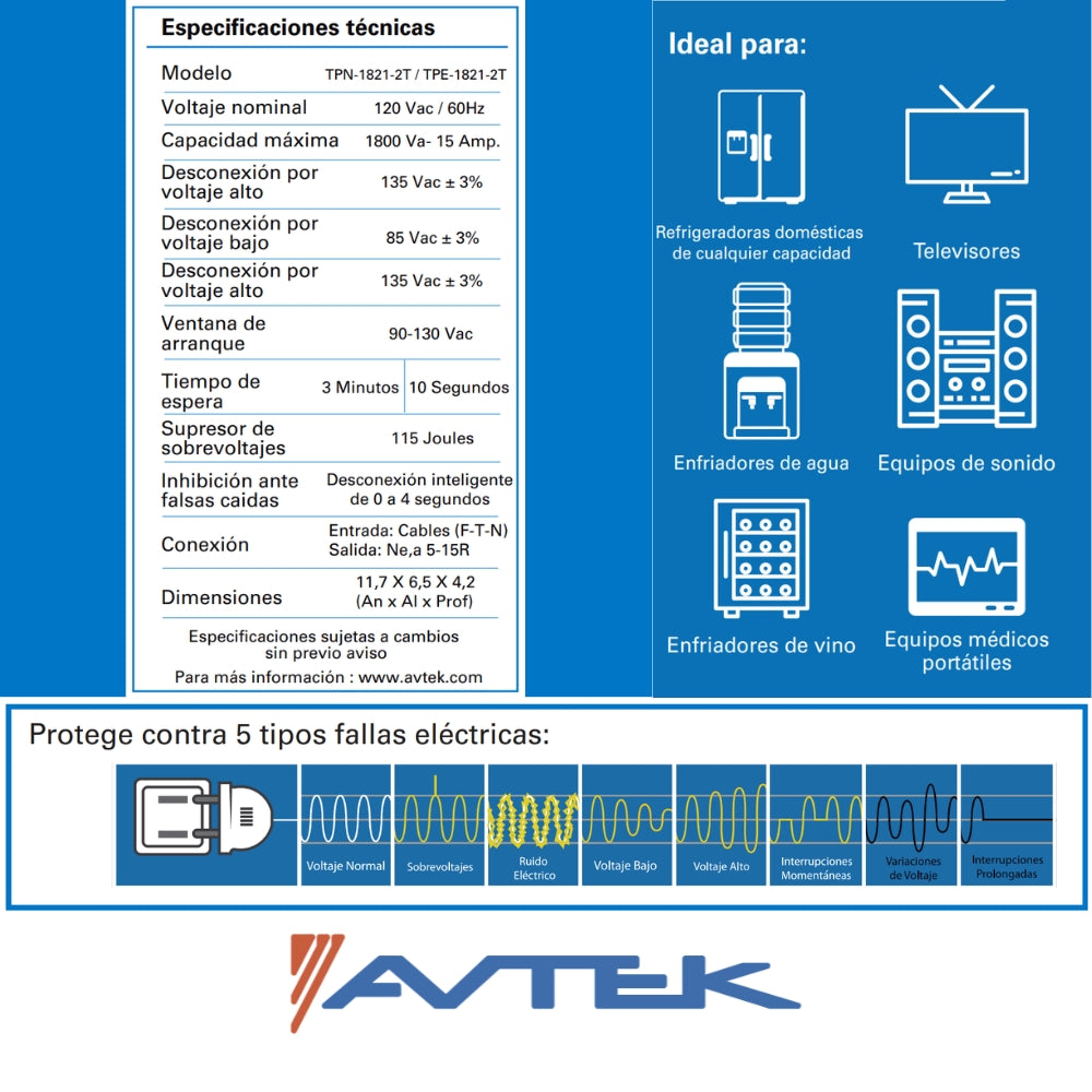 TOMACORRIENTE CON PROTECTOR DE VOLTAJE PARA NEVERA 15A/120V NEMA 5-15R AVTEK