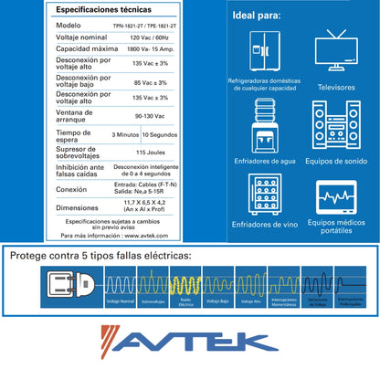 TOMACORRIENTE CON PROTECTOR DE VOLTAJE PARA NEVERA 15A/120V NEMA 5-15R AVTEK