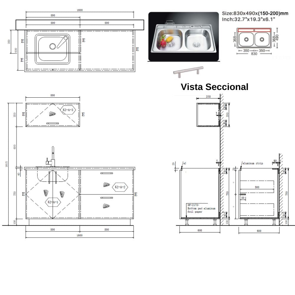 MUEBLE DE COCINA CON FREGADOR Y GABINETE AEREOS COLOR BLANCO YKL-CG-05/TH2242 IZQUIERDO 1.60M