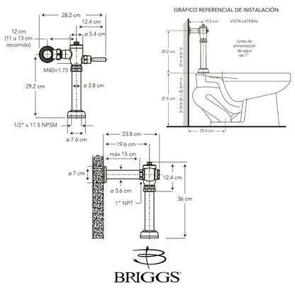FLUXÓMETRO BRIGGS PREMIUM PARA INODORO ASME A112.1037  CSA B125.37-15
