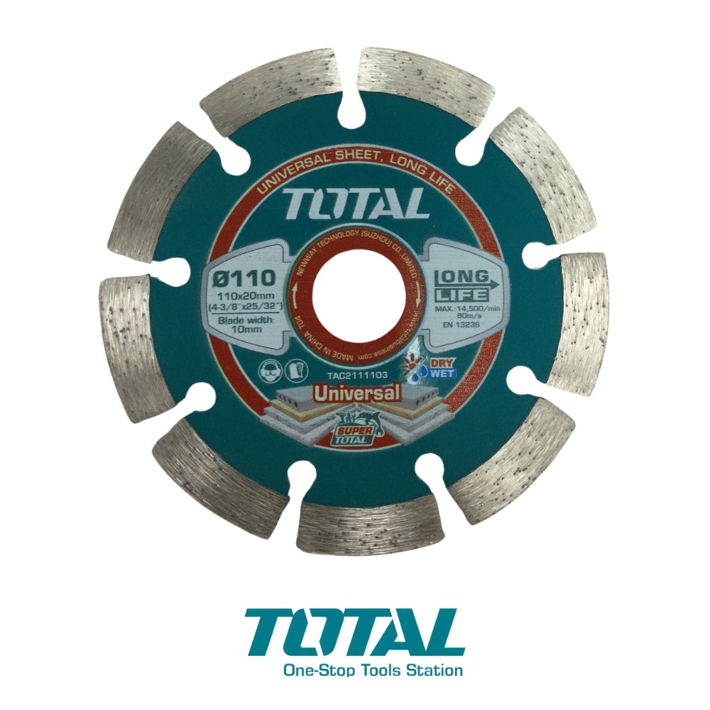 DISCO DE DIAMANTE 4-3/8 PULGADAS 110 X 20mm CORTE RÁPIDO SECO Y HÚMEDO TOTAL TAC2111103