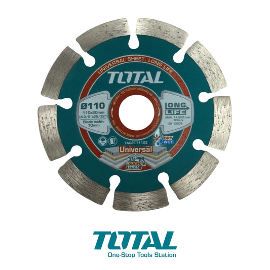 DISCO DE DIAMANTE 4-3/8 PULGADAS 110 X 20mm CORTE RÁPIDO SECO Y HÚMEDO TOTAL TAC2111103