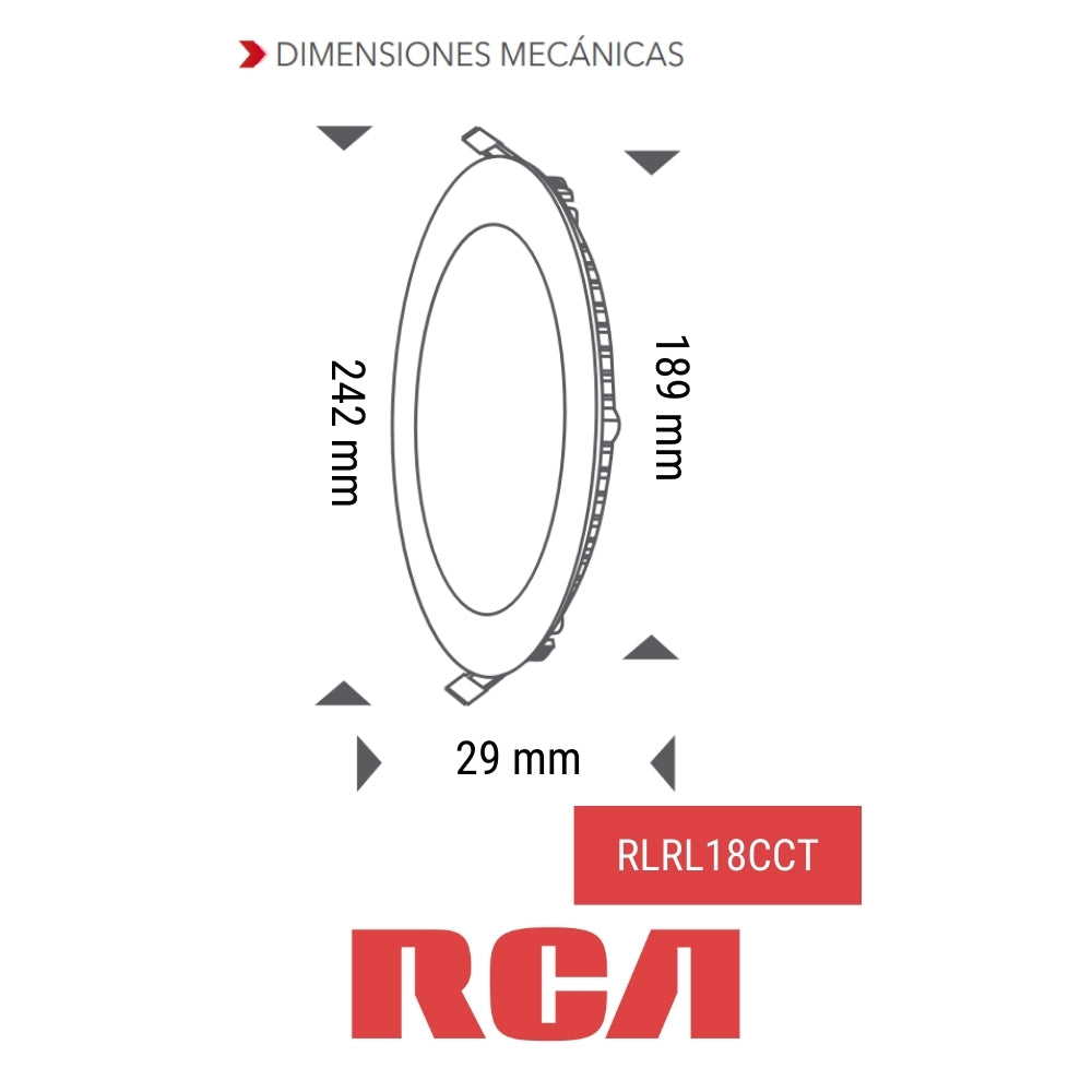 PANEL LED REDONDO EMPOTRABLE CCT 18W 1440LM 3000K/4000K/6500K 85-277V 242*225*29MM RCA (RLRL18CCT)