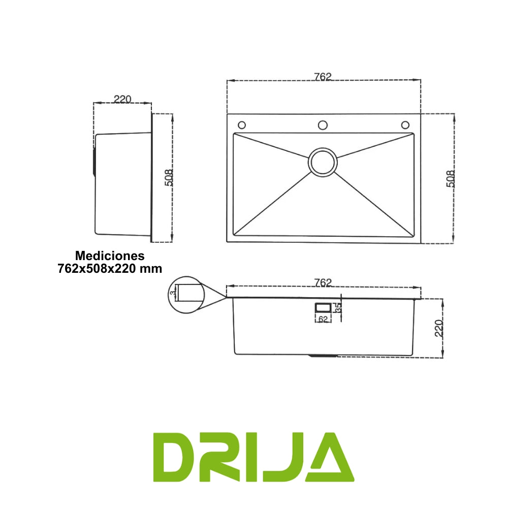 FREGADOR SENCILLO DE ACERO INOXIDABLE SATINADO 76CM DE LUJO (BOLONIA 76)