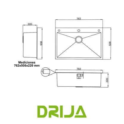 FREGADOR SENCILLO DE ACERO INOXIDABLE SATINADO 76CM DE LUJO (BOLONIA 76)
