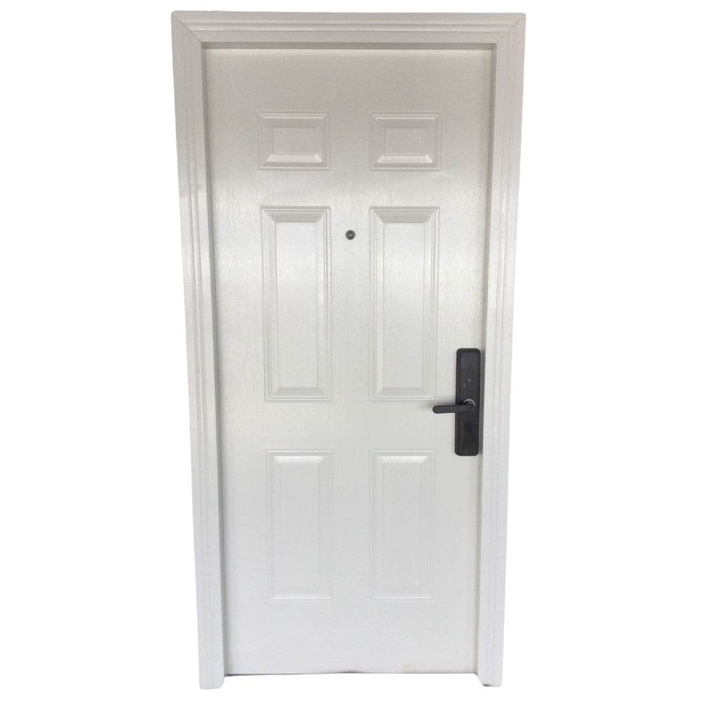 PUERTA MULTIPUNTOS GALVANIZADA 6 PANELES CON CERRADURA DIGITAL 3 PIES X 7 PIES ACABADO BLANCO IZQUIERDA SECURE