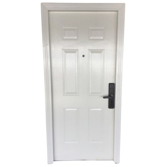 PUERTA MULTIPUNTOS GALVANIZADA 6 PANELES CON CERRADURA DIGITAL 3 PIES X 7 PIES ACABADO BLANCO IZQUIERDA SECURE