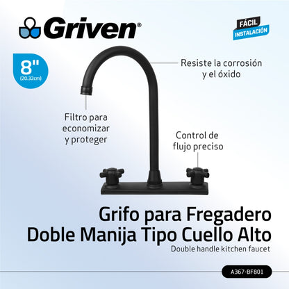 LLAVE DOBLE DE FREGADOR TIPO CUELLO ALTO 8 PULGADAS NEGRO GRIVEN A367-BF801