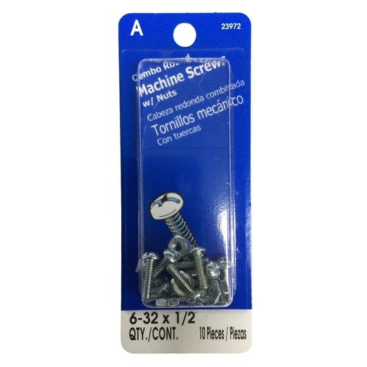 TORNILLO DE MAQUINA ZINCADO CAB REDONDA COMBO N°6-32 x 1/2 PULGADAS ROSCA ESTANDAR