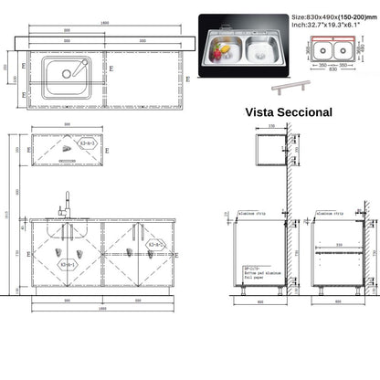 MUEBLE DE COCINA CON FREGADOR Y GABINETE AEREOS COLOR BLANCO YKL-CG-06/TH2242 IZQUIERDO 1.60M