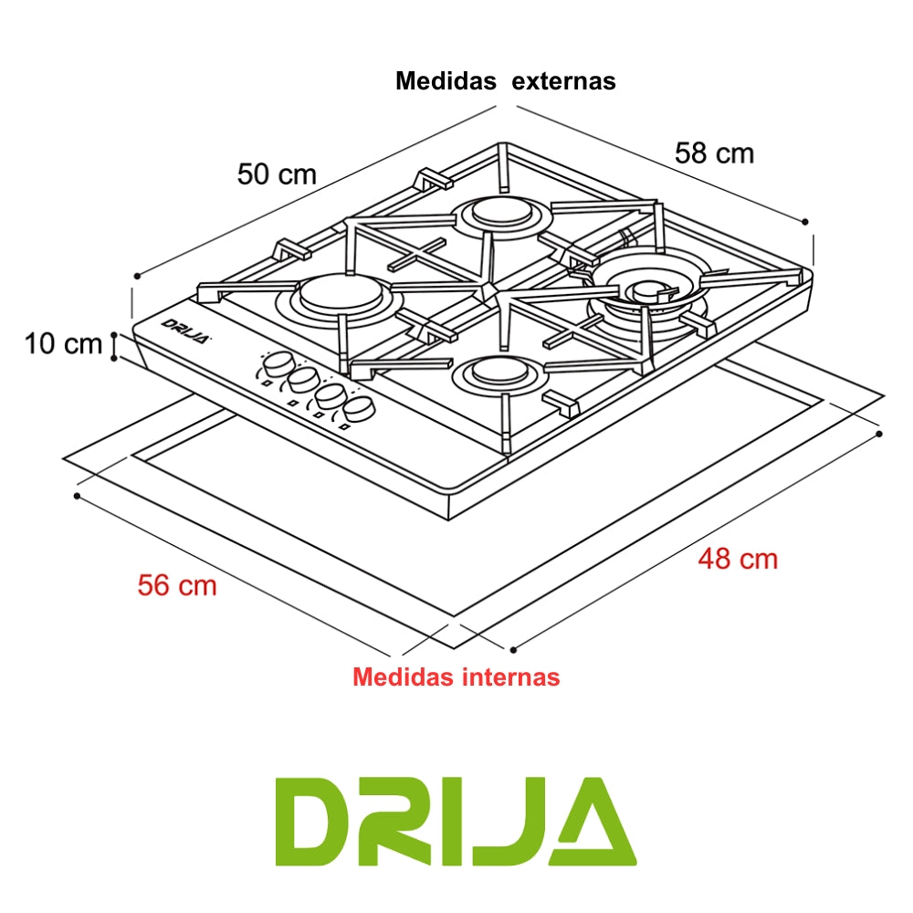 ESTUFA A GAS ACERO INOXIDABLE 304, 58 CM, 4 QUEMADORES ITALIANO (MILAN 60 PRO)