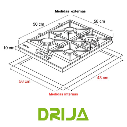 ESTUFA A GAS ACERO INOXIDABLE 304, 58 CM, 4 QUEMADORES ITALIANO (MILAN 60 PRO)