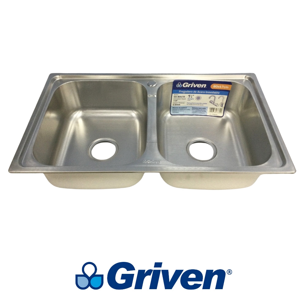 FREGADOR DE EMPOTRAR DOBLE DE ACERO INOXIDABLE 80 X 47 X 20 CM GRIVEN GV-8047D