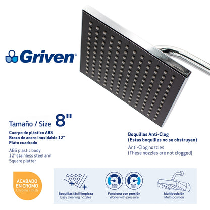 REGADERA TIPO LLUVIA 8 PULGADAS CROMADA GRIVEN GV-SHC-A8
