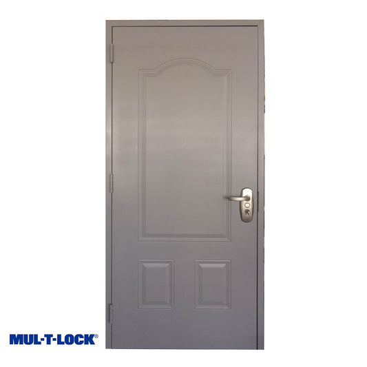 PUERTA DE SEGURIDAD 3 PANELES CON MARCO 3 PIES X 7 PIES GRIS DERECHA CON CERRADURA PLATEADA SECUREMAX