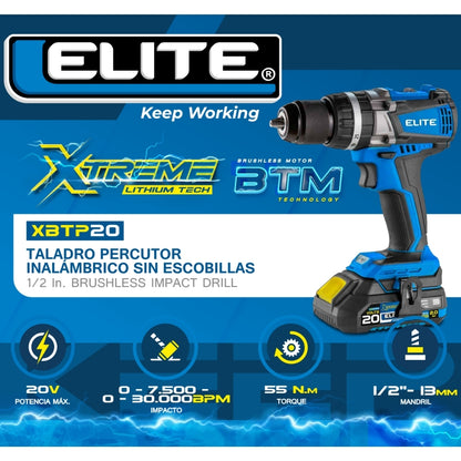 TALADRO PERCUTOR INALAMBRICO SIN ESCOBILLAS 1/2 IN 20V 55NM  2 BATERIAS 2AH 20V ELITE