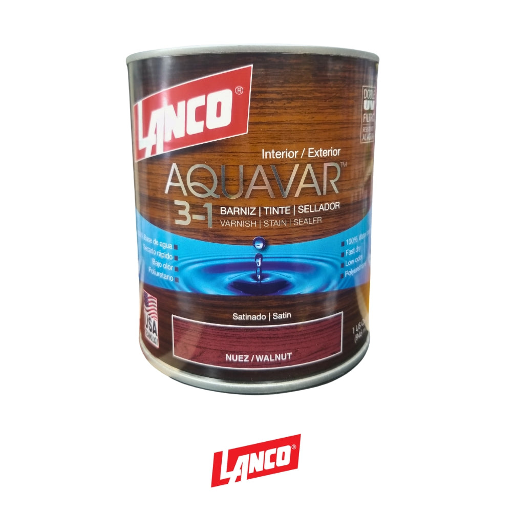 BARNIZ 3 EN 1 AQUAVAR COLOR NUEZ-WALNUT 1/4 GL AQ1362-5 LANCO