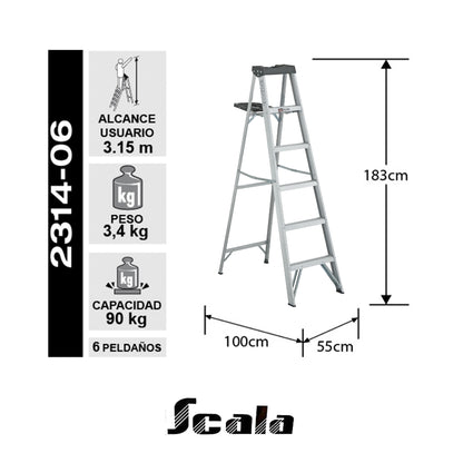 ESCALERA TIJERA USO DOMESTICO ALUMINIO 6 PIES 90 KG SC-2314-06 SCALA