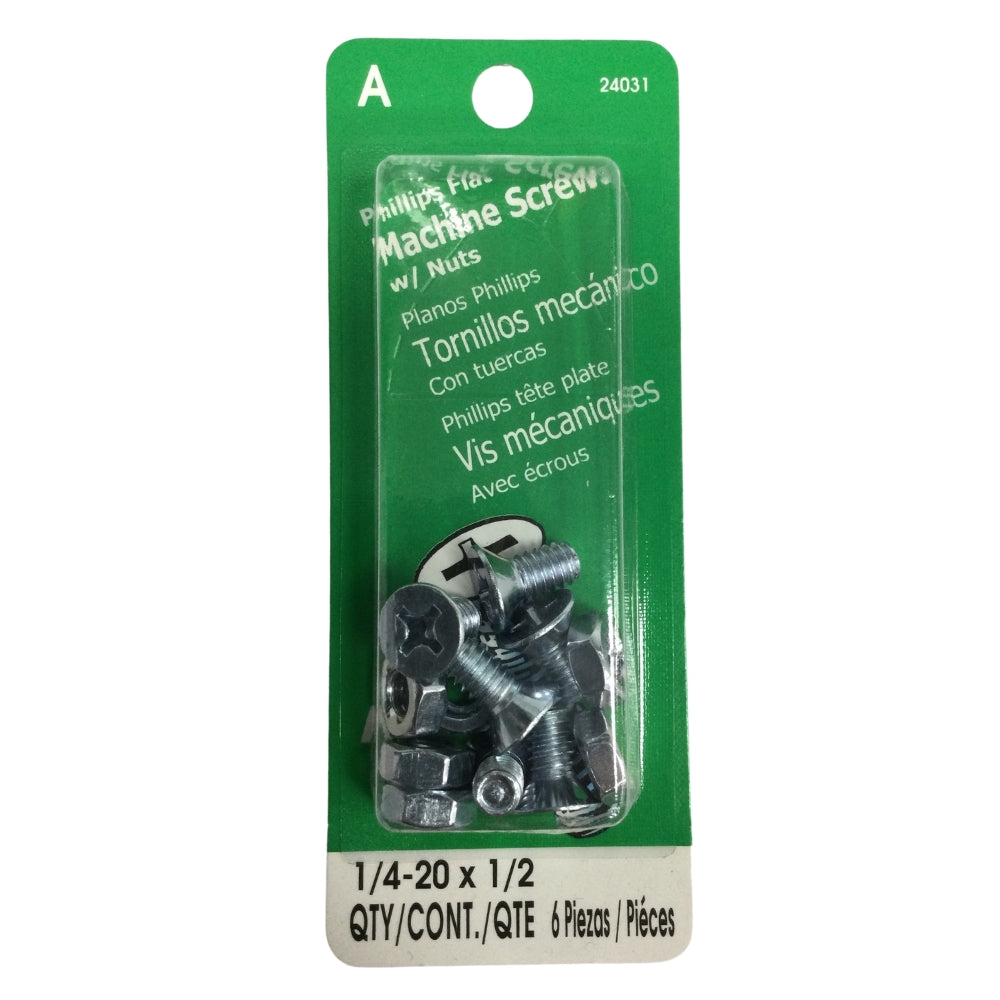 TORNILLO DE MAQUINA CON TUERCA CAB PLANA PHILLIPS 1/4 PULGADAS-20 x 1/2 PULGADAS ROSCA ESTANDAR