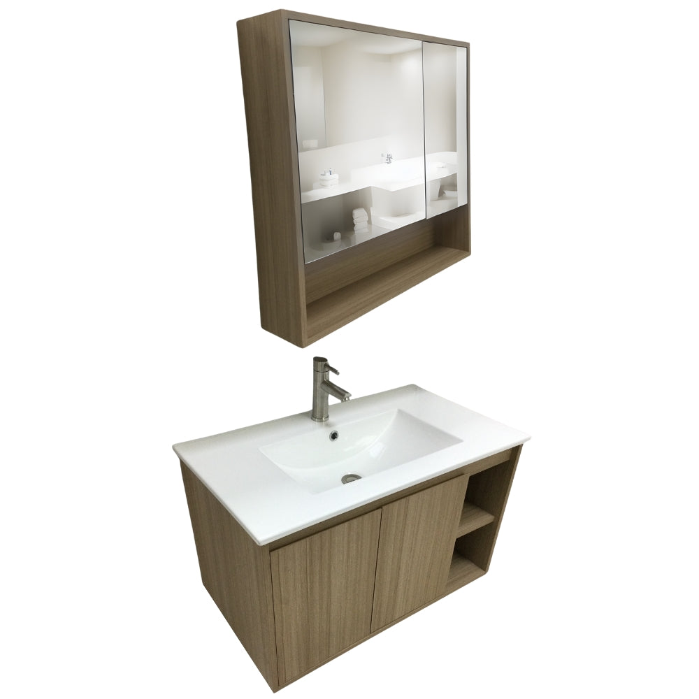 MUEBLE DE BAÑO DE PVC CON LAVAMANO Y GRIFERIA YATES 0.8X0.465X0.5 M INCLUYE BOTIQUIN CON ESPEJO 0.75X0.15X0.7 M PE10-80 ROBLE BEIGE
