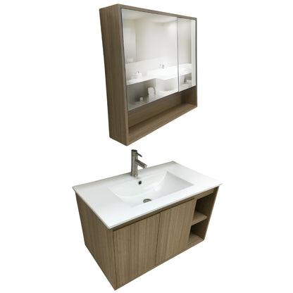 MUEBLE DE BAÑO DE PVC CON LAVAMANO Y GRIFERIA YATES 0.8X0.465X0.5 M INCLUYE BOTIQUIN CON ESPEJO 0.75X0.15X0.7 M PE10-80 ROBLE BEIGE