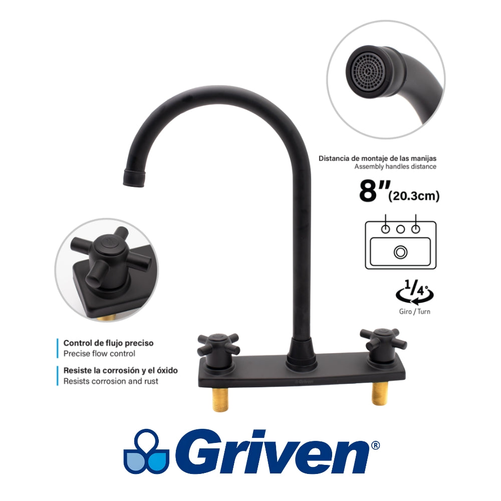 LLAVE DOBLE DE FREGADOR TIPO CUELLO ALTO 8 PULGADAS NEGRO GRIVEN A367-BF801