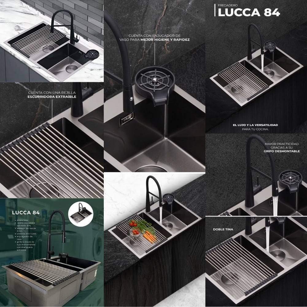 FREGADOR DE EMPOTRAR DOBLE DE ACERO INOXIDABLE SATINADO DE 84CM DE LUJO (LUCCA 84)