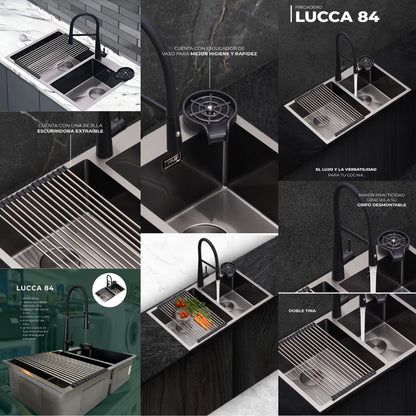 FREGADOR DE EMPOTRAR DOBLE DE ACERO INOXIDABLE SATINADO DE 84CM DE LUJO (LUCCA 84)