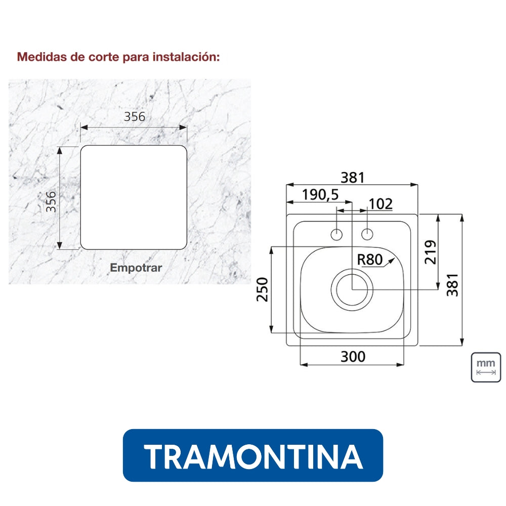 FREGADOR DE EMPOTRAR SENCILLO 15 PULGADAS X 15 PULGADAS TRAMONTINA