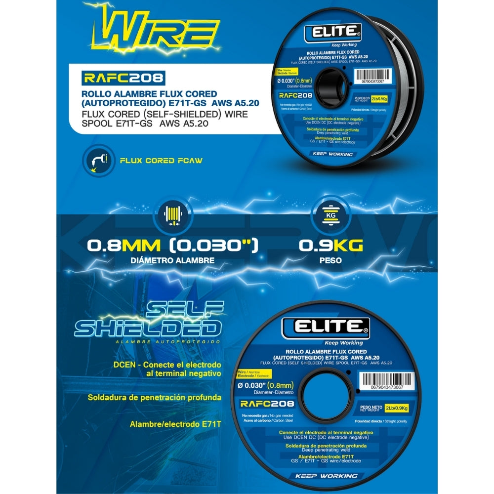 ROLLO ALAMBRE FLUX CORED (AUTOPROTEGIDO) E71T-GS 100mm 2Lb (0,9KG) 0,8MM (0.030) ELITE